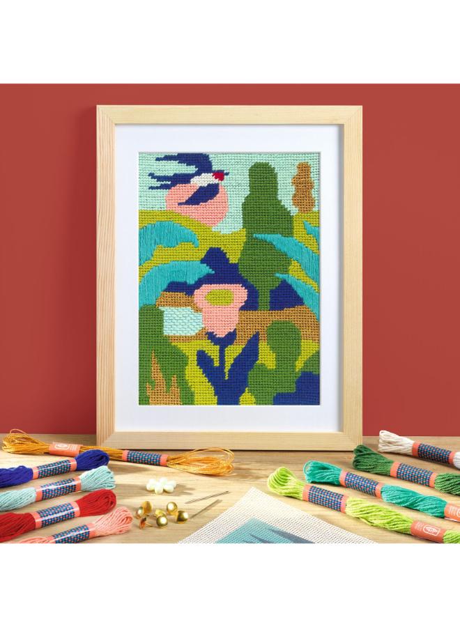 Djeco Atelier 65 Needlepoint Art Kit, DIY Embroidery Set with Printed Canvas, Coloured Threads, Needles, Threader, Pins, Wooden Frame, Creative Craft Kit for Home Decorative Textile Art - Image 5
