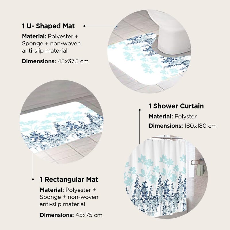 Kuber Industries Kuber Industries Shower Curtain & Bathmat Set | Non-Slip Bath mats for Bathroom | Easy-Slide Curtains | Polyester Curtain or Bathmat for Bath D�cor | XTL248-3T | 3 Pcs Set | Multicolor  - Image 3