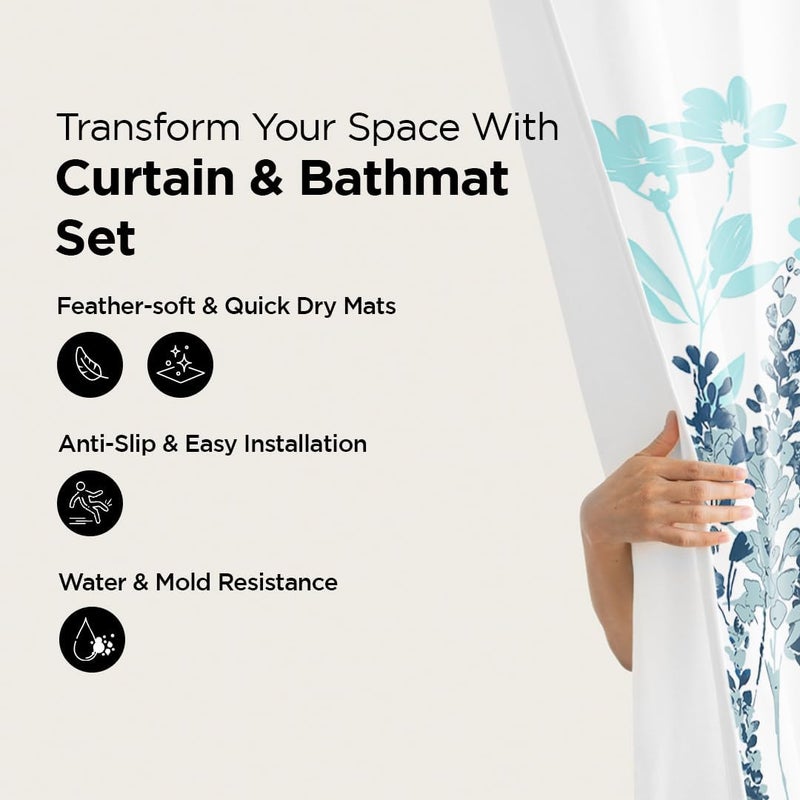 Kuber Industries Kuber Industries Shower Curtain & Bathmat Set | Non-Slip Bath mats for Bathroom | Easy-Slide Curtains | Polyester Curtain or Bathmat for Bath D�cor | XTL248-3T | 3 Pcs Set | Multicolor  - Image 2