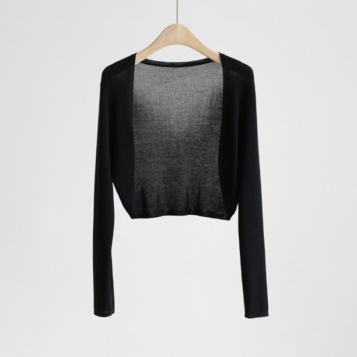 Generic Short Ice Silk Knitted Sunscreen Cardigan Small Coat Womens Summer Thin Skirt Shawl Overshirt Air-conditioning Shirt Black 