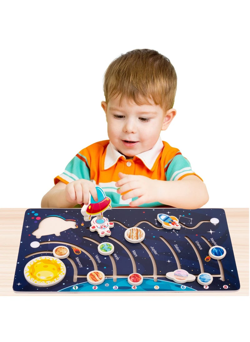 Wooden Solar System Puzzles, for Kids Ages 3-5, Toddlers Planet Outer Space Toys Preschool Learning Activities Montessori Educational Toys Space Busy Board Gifts for Boys Girls, 8.7 x 15.75 inches - Image 1