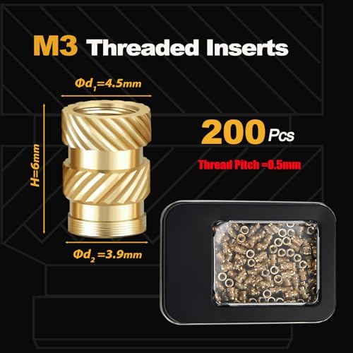 Kadrick 200Pcs M3 Threaded Inserts for 3D Printing Components,M3*H6*D4.5 Metric Brass Knurled Nuts, Insert by Heat into Plastic Parts - Image 2