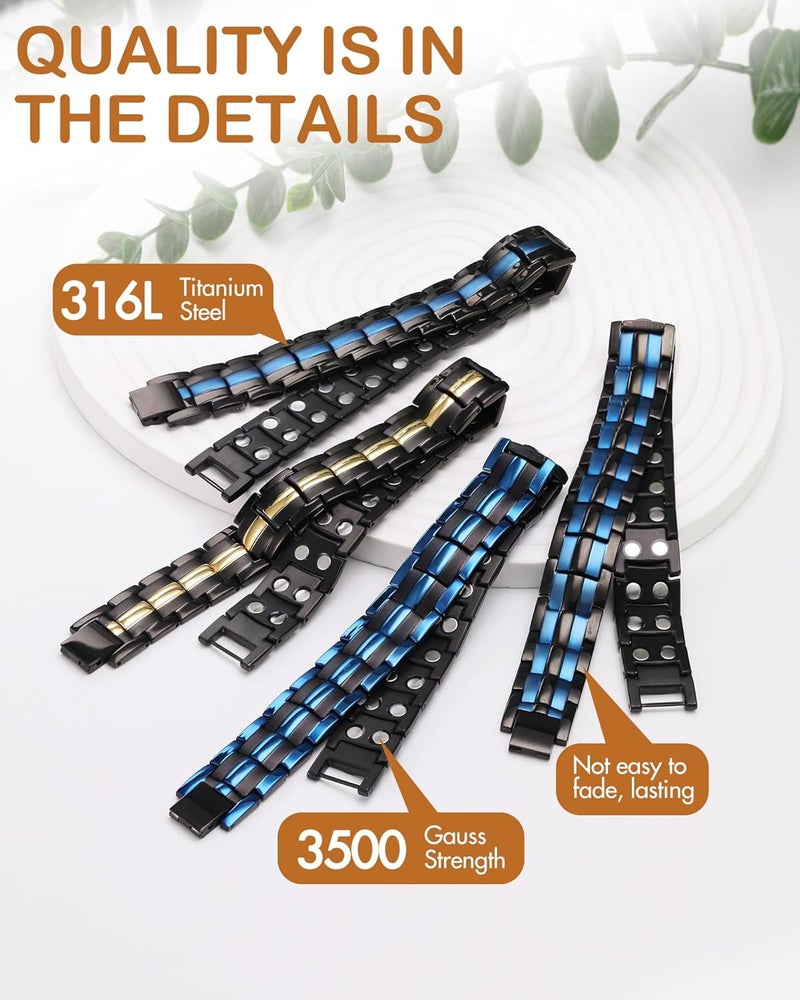 Feraco Magnetic Bracelet for Men Titanium Steel Magnetic Bracelet for Men with Double Row Magnets Adjustable (Black & Blue) - Image 2