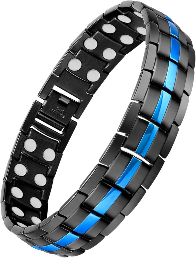 Feraco Magnetic Bracelet for Men Titanium Steel Magnetic Bracelet for Men with Double Row Magnets Adjustable (Black & Blue) - Image 1
