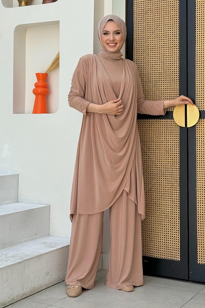 Bym Fashion Shawl Collar Biased Asymmetric Cut Trouser Tunic Set 8552 Mink  - Image 1