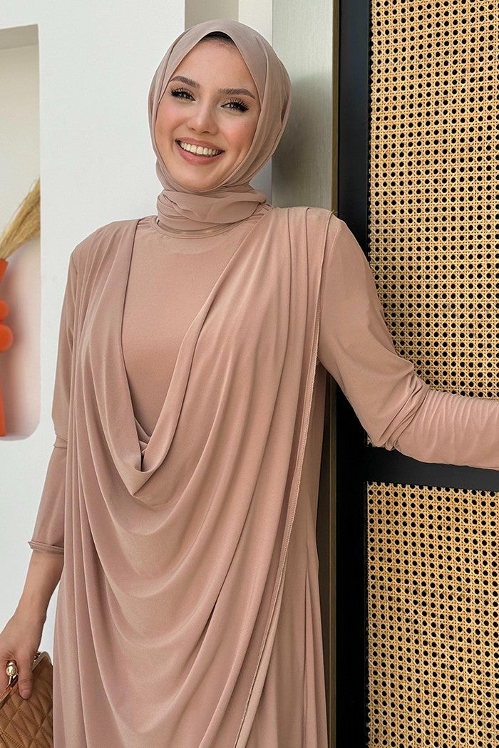 Bym Fashion Shawl Collar Biased Asymmetric Cut Trouser Tunic Set 8552 Mink  - Image 4