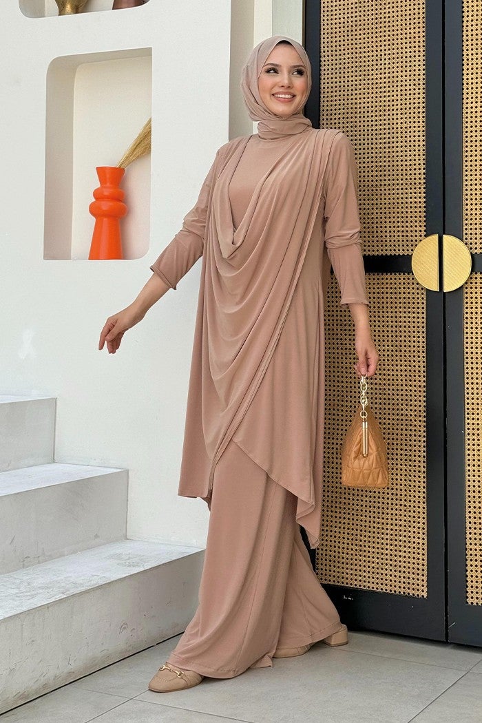 Bym Fashion Shawl Collar Biased Asymmetric Cut Trouser Tunic Set 8552 Mink  - Image 3