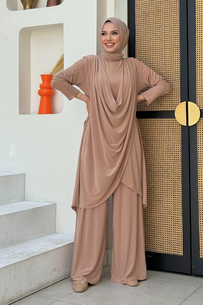 Bym Fashion Shawl Collar Biased Asymmetric Cut Trouser Tunic Set 8552 Mink  - Image 2