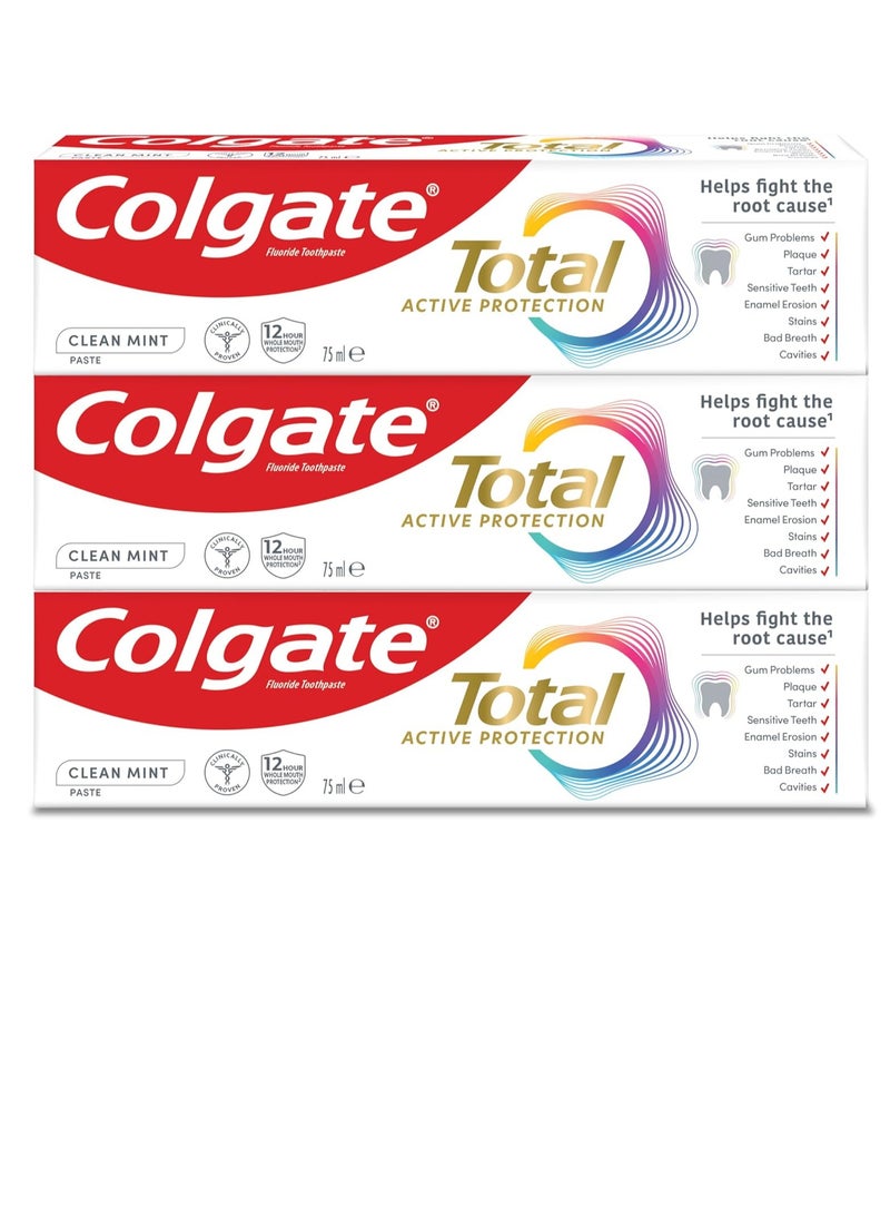 Colgate Total Active protection, toothpaste, Clean Mint, Helps stop problems before they start, 3x75ml