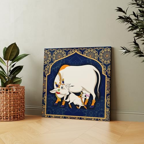 Casperme Kamdhenu Cow Vastu Prosperity Cotton Canvas Wall Painting For Living Room big size for Bedroom, Hotels & Office Decoration (Blue, 36 x 36 inches) - Image 1