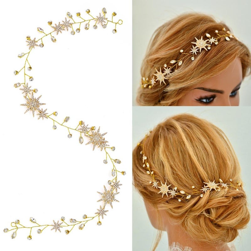Yean Gold Star Wedding Hair Vine Rhinestone Headpiece Crystal Bridal Hair Accessories for Women and Girls