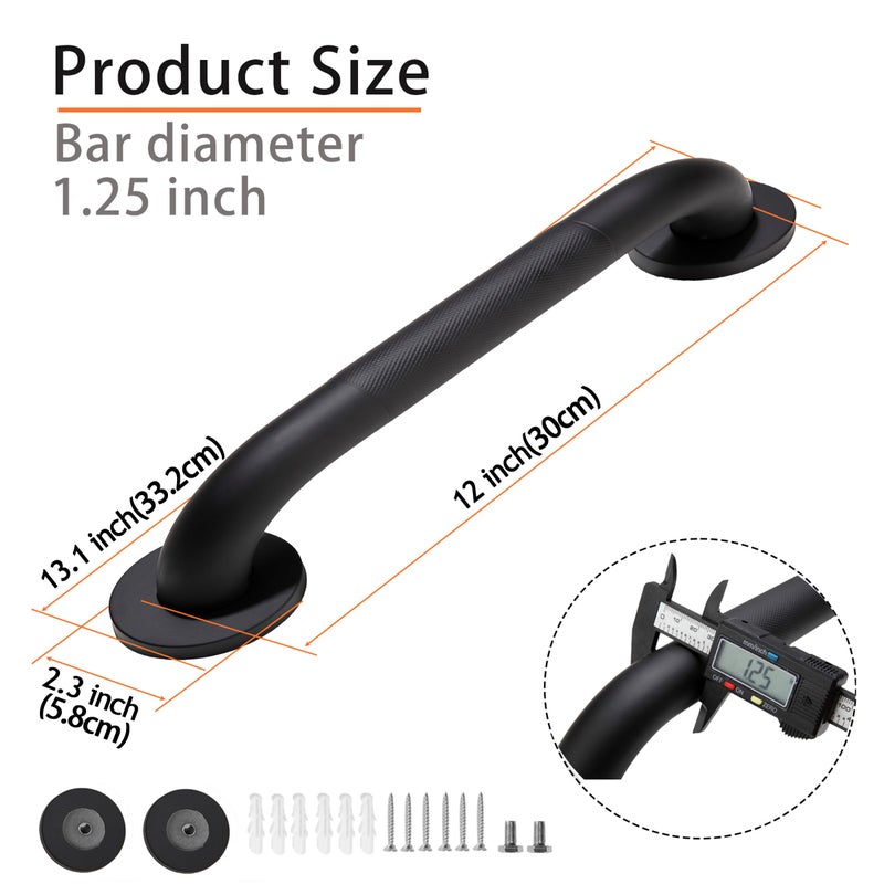 Rackickyer Shower Grab Bar, 2 Pack 12 Inch Black Bathroom Grab Bar, 1.25" Diameter 304 Stainless Steel Anti-Slip Grab Bars for Bathtubs and Showers, Handicap Shower Grab Bar for Seniors Elderly - Image 2