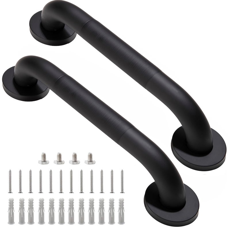 Rackickyer Shower Grab Bar, 2 Pack 12 Inch Black Bathroom Grab Bar, 1.25" Diameter 304 Stainless Steel Anti-Slip Grab Bars for Bathtubs and Showers, Handicap Shower Grab Bar for Seniors Elderly - Image 1