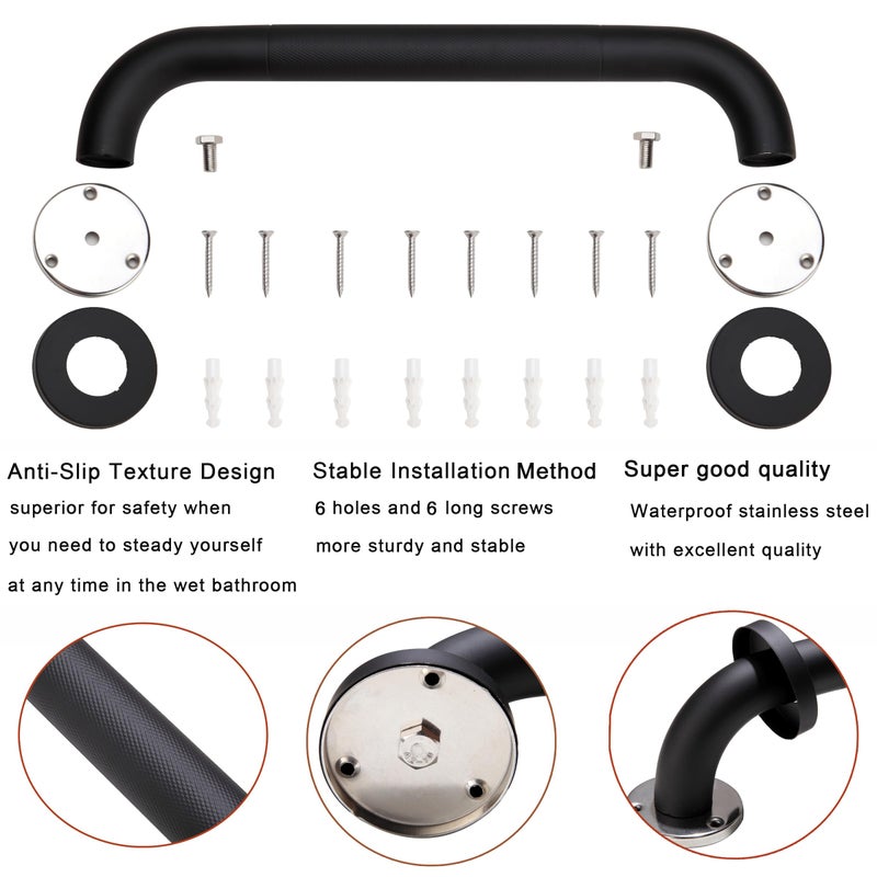 Rackickyer Shower Grab Bar, 2 Pack 12 Inch Black Bathroom Grab Bar, 1.25" Diameter 304 Stainless Steel Anti-Slip Grab Bars for Bathtubs and Showers, Handicap Shower Grab Bar for Seniors Elderly - Image 3