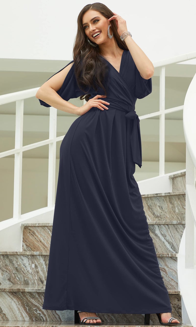 KOH KOH Womens Long Formal Short Sleeve Cocktail Flowy V-Neck Casual Bridesmaid Wedding Party Guest Evening Cute Maternity Work Gown Gowns Maxi Dress Dresses, Dark Navy Blue S 4-6 - Image 3