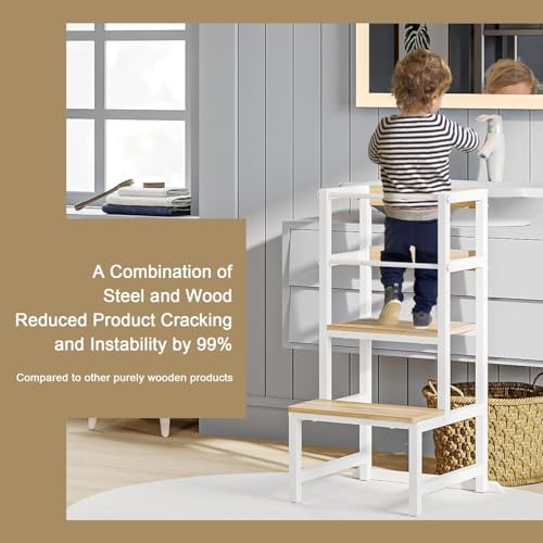 OGFC 69111 Kitchen Safety Step Stool for Toddlers, Height Adjustable Toddler Tower with Safety Rail, Steel and Wood Toddler Helper Kids, Kitchen Stool for Kids, Toddler Safety Stool - White - Image 3