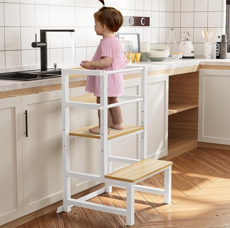 OGFC 69111 Kitchen Safety Step Stool for Toddlers, Height Adjustable Toddler Tower with Safety Rail, Steel and Wood Toddler Helper Kids, Kitchen Stool for Kids, Toddler Safety Stool - White - Image 1