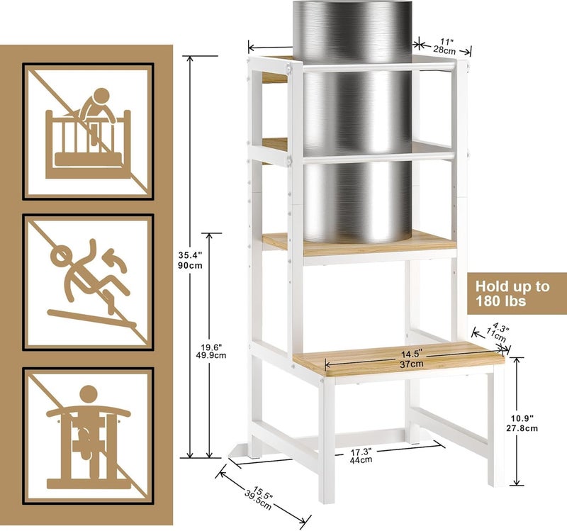 OGFC 69111 Kitchen Safety Step Stool for Toddlers, Height Adjustable Toddler Tower with Safety Rail, Steel and Wood Toddler Helper Kids, Kitchen Stool for Kids, Toddler Safety Stool - White - Image 2