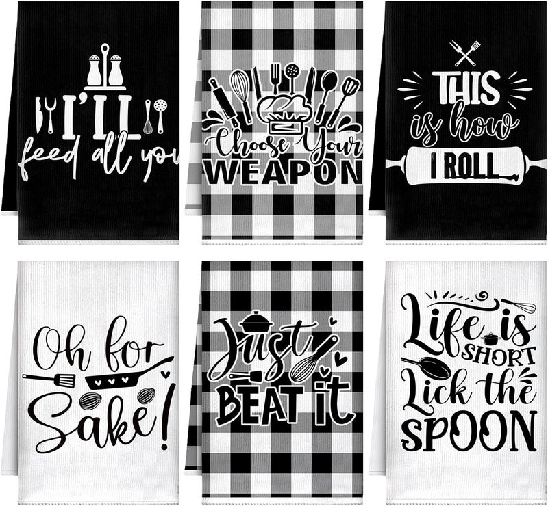 Bencailor 6 Pcs Black White Plaid Kitchen Towels Decorative Sets Dish Towels Absorbent Fast Drying Hand Tea Vintage Hanging Reusable Cleaning Dishcloths for Cooking Farmhouse Bathroom Accessory - Image 1