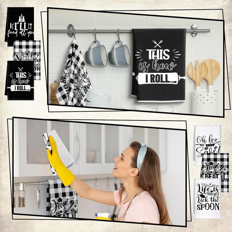 Bencailor 6 Pcs Black White Plaid Kitchen Towels Decorative Sets Dish Towels Absorbent Fast Drying Hand Tea Vintage Hanging Reusable Cleaning Dishcloths for Cooking Farmhouse Bathroom Accessory - Image 4