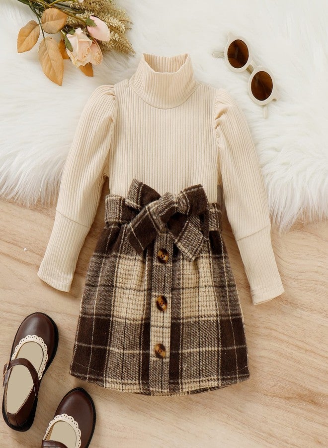 Fernvia Toddler Baby Girl Fall Winter Skirt Set Turtleneck Ribbed Long Sleeve T-Shirt Top & Plaid Skirts Dress 2Pcs Outfits (J Beige, 3-4 Years) - Image 2