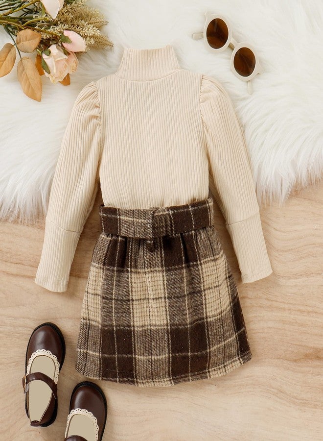 Fernvia Toddler Baby Girl Fall Winter Skirt Set Turtleneck Ribbed Long Sleeve T-Shirt Top & Plaid Skirts Dress 2Pcs Outfits (J Beige, 3-4 Years) - Image 3