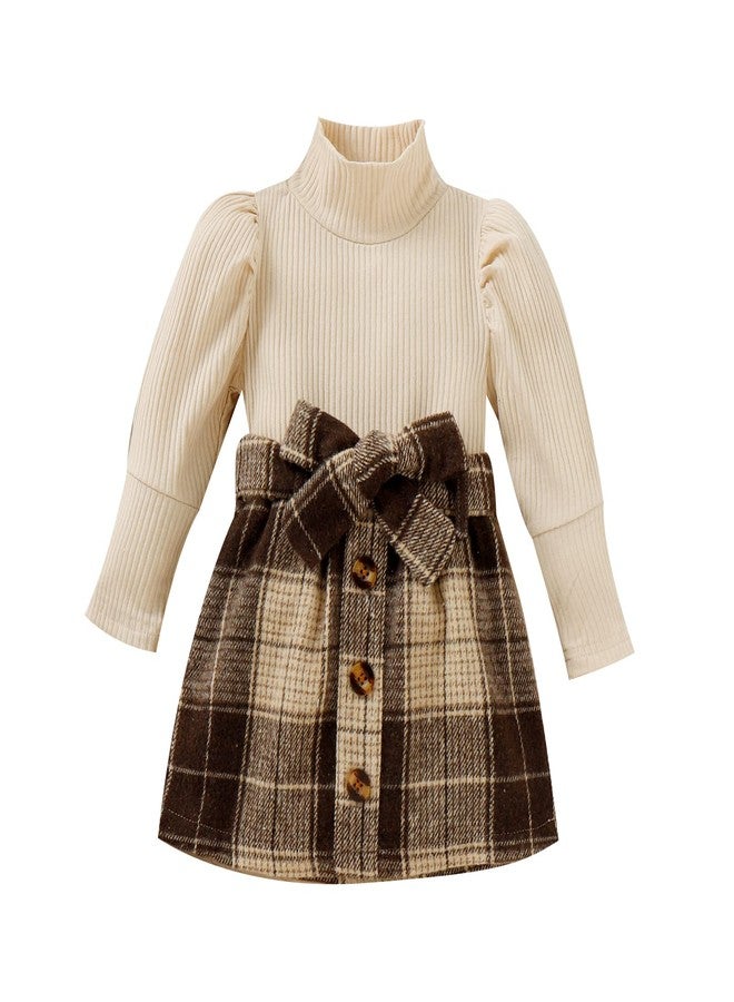 Fernvia Toddler Baby Girl Fall Winter Skirt Set Turtleneck Ribbed Long Sleeve T-Shirt Top & Plaid Skirts Dress 2Pcs Outfits (J Beige, 3-4 Years) - Image 1