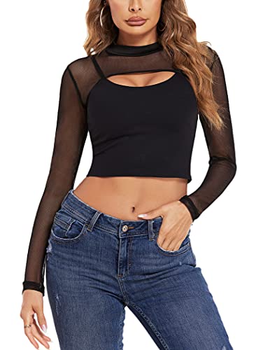 Avidlove Mesh Crop Tops for Women Mock Neck Long Sleeve Crop Top See Through Shirt Top Sexy Clubwear(Black, Small) - Image 1