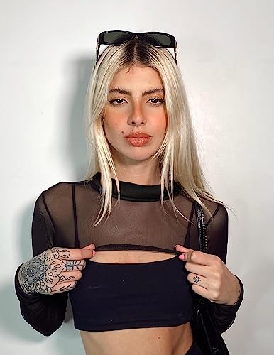 Avidlove Mesh Crop Tops for Women Mock Neck Long Sleeve Crop Top See Through Shirt Top Sexy Clubwear(Black, Small) - Image 2