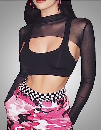 Avidlove Mesh Crop Tops for Women Mock Neck Long Sleeve Crop Top See Through Shirt Top Sexy Clubwear(Black, Small) - Image 4