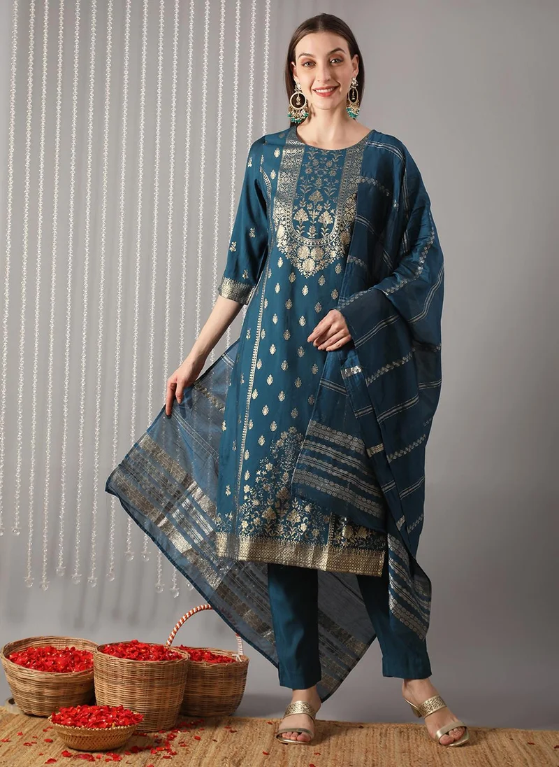 جلو باص Globus Women Teal Round Neck Gold Foil Print Straight Kurta With Pants & Woven Design Dupatta Festive Set