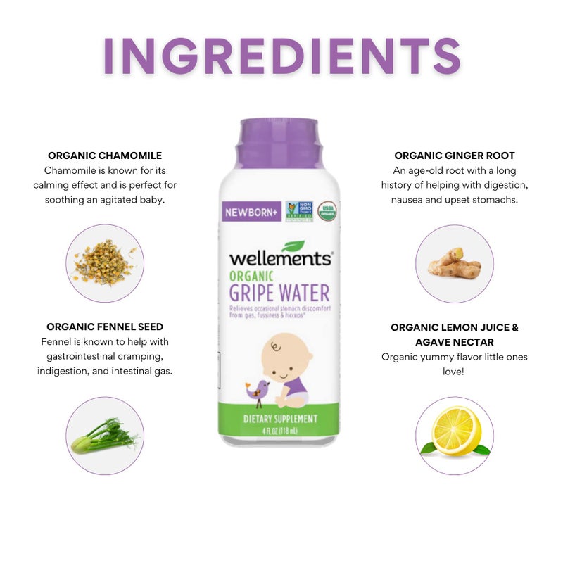 ويليمينتس Organic Gripe Water | Relieves Occasional Stomach Discomfort from Baby Gas, Colic, Hiccups and Fussiness | Certified Organic and Non-GMO | No Artificial Flavors | 4 Fl Oz. | Ages Newborn+ - Image 4