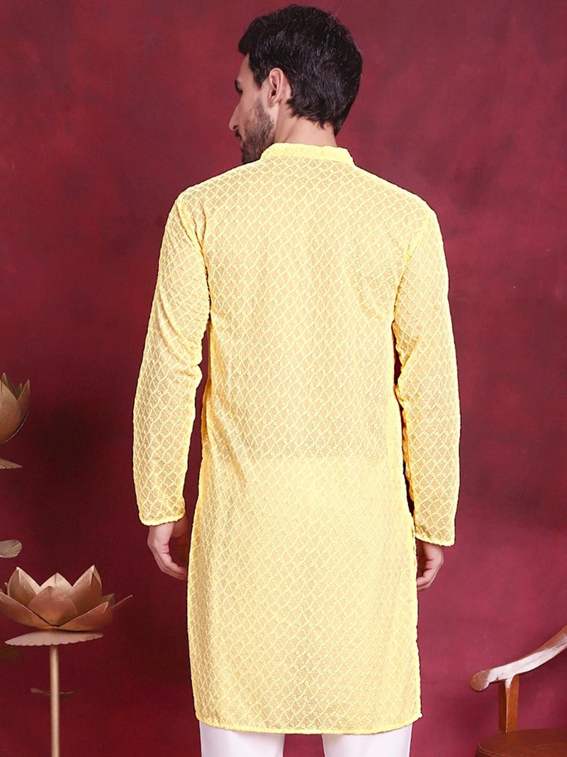 Jompers Men Pure Cotton Regular Fit Chikankari Kurta in Yellow - Image 2