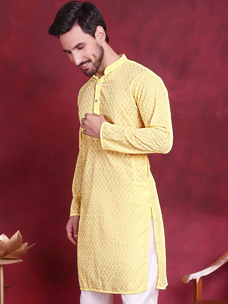 Jompers Men Pure Cotton Regular Fit Chikankari Kurta in Yellow - Image 3