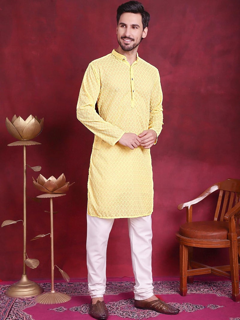 Jompers Men Pure Cotton Regular Fit Chikankari Kurta in Yellow - Image 4