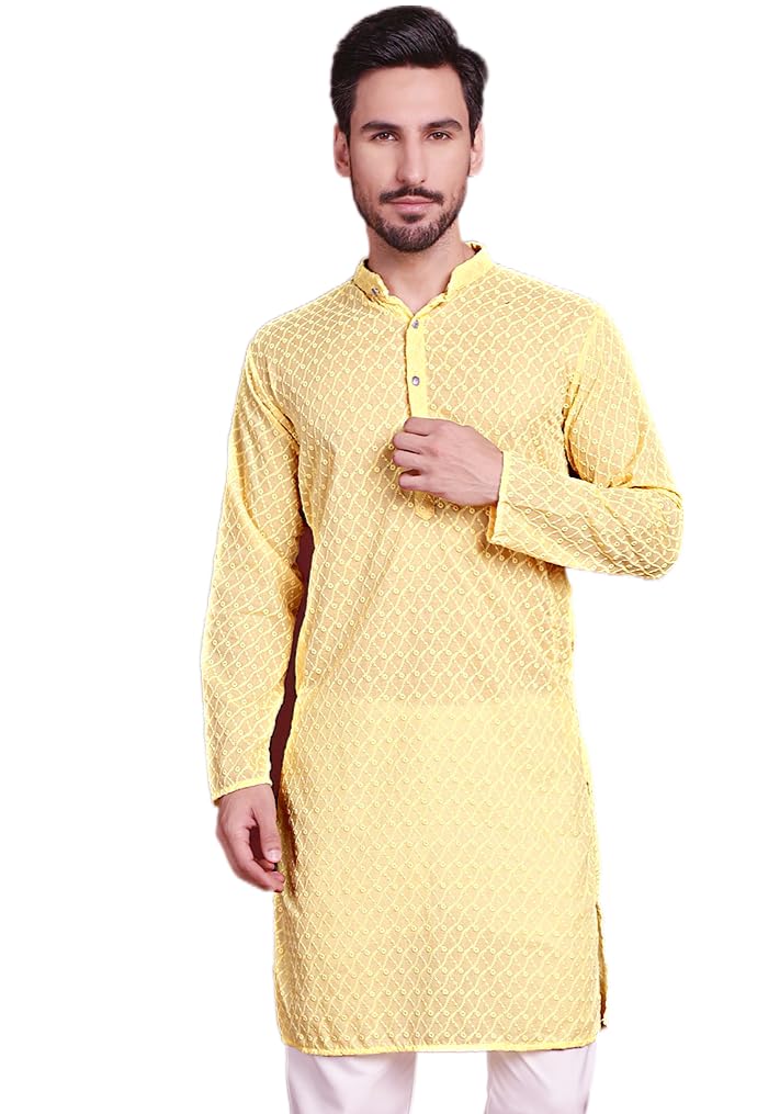 Jompers Men Pure Cotton Regular Fit Chikankari Kurta in Yellow - Image 1