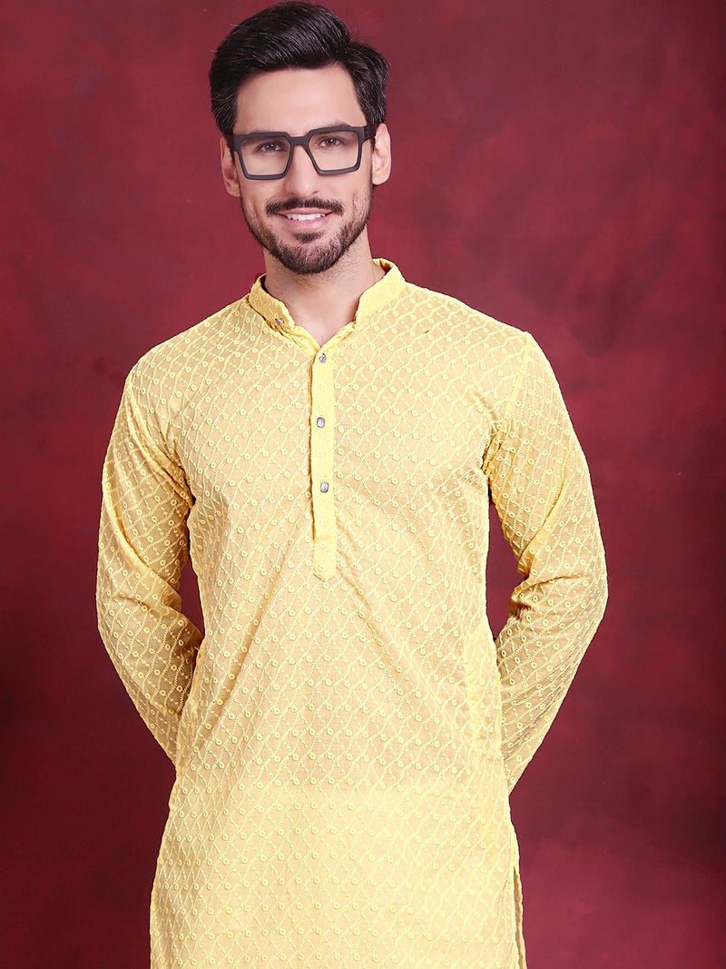 Jompers Men Pure Cotton Regular Fit Chikankari Kurta in Yellow - Image 5