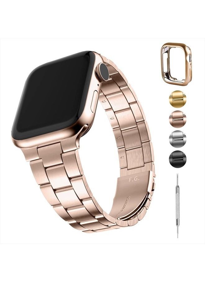 Fullmosa - No Tools Needed Compatible Apple Watch Band 41/45/44/40/42/38mm, Stainless Steel iWatch Band with Case for Apple Watch Series 8/7/6/5/4/3/2/1/SE2/SE, 41mm 40mm 38mm Rose Gold - Image 1