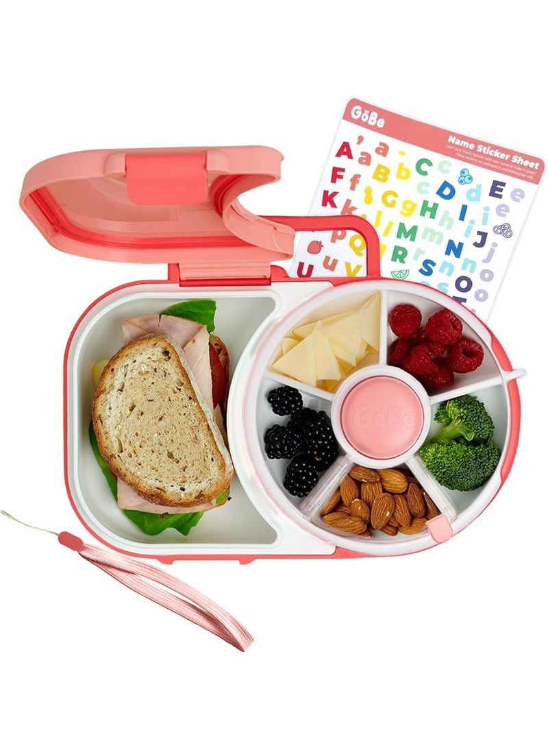 كيلا صندوق غداء للأطفال مع دوارة وجبات خفيفة قابلة للفصل، مع حزام يد وورقة ملصقات، حاوية غداء قابلة لإعادة الاستخدام على شكل بينتو، 5 حجرات صغيرة + حجرة كبيرة للساندويتشات، خالية من BPA وPVC، وردي مرجاني - Image 1