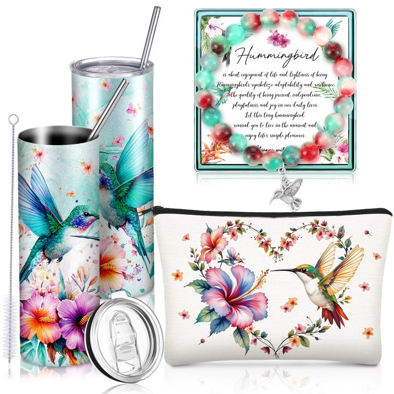Skylety 3 Pcs Green Hummingbird Gift for Women Green Hummingbird Theme Stuff 20 oz Stainless Steel Insulated Tumbler with Straw Brush Bracelet Makeup Bag Inspirational Gift for Teacher Mom Birthday - Image 2