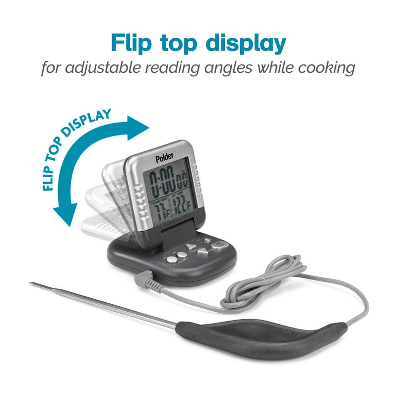 Polder Classic Digital Thermometer and Timer, Meat Thermometer for Cooking, Stainless Steel Probe, 24-Hour Countdown Timer with 40" Long, High-Heat Silicone Cord - Image 3