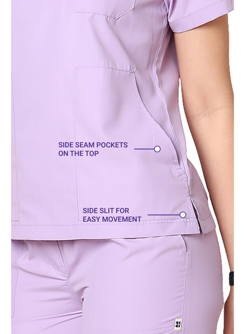 KNYA زيّ طبي نسائي كلاسيكي من KNYA بخمسة جيوب | ياقة على شكل حرف V | تصميم مرن ومريح للجزء العلوي والسفلي | جيوب سهلة الوصول | زيّ موحد للأطباء | لون أرجواني فاتح (مقاس L، لون أرجواني فاتح) - Image 3