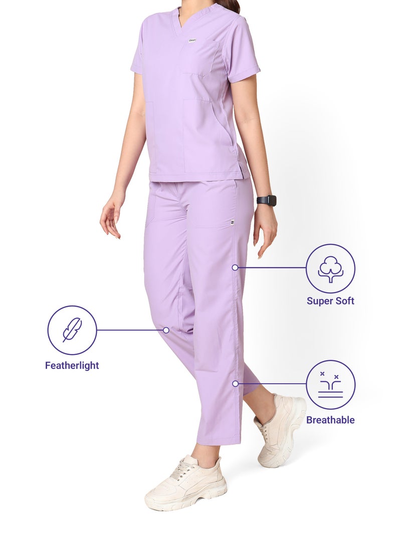 KNYA زيّ طبي نسائي كلاسيكي من KNYA بخمسة جيوب | ياقة على شكل حرف V | تصميم مرن ومريح للجزء العلوي والسفلي | جيوب سهلة الوصول | زيّ موحد للأطباء | لون أرجواني فاتح (مقاس L، لون أرجواني فاتح) - Image 5