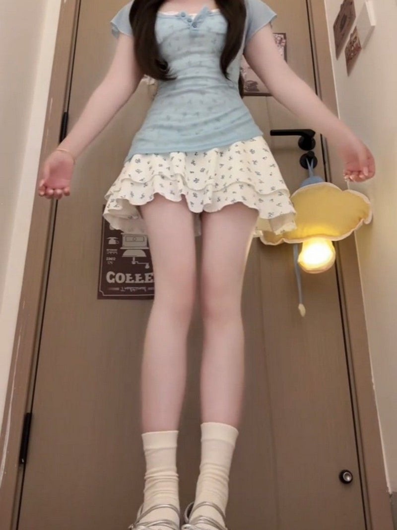 Women's Light Blue Square Neck Short Sleeve Top and Floral Print Suspender Skirt Two-Piece Set - Image 3