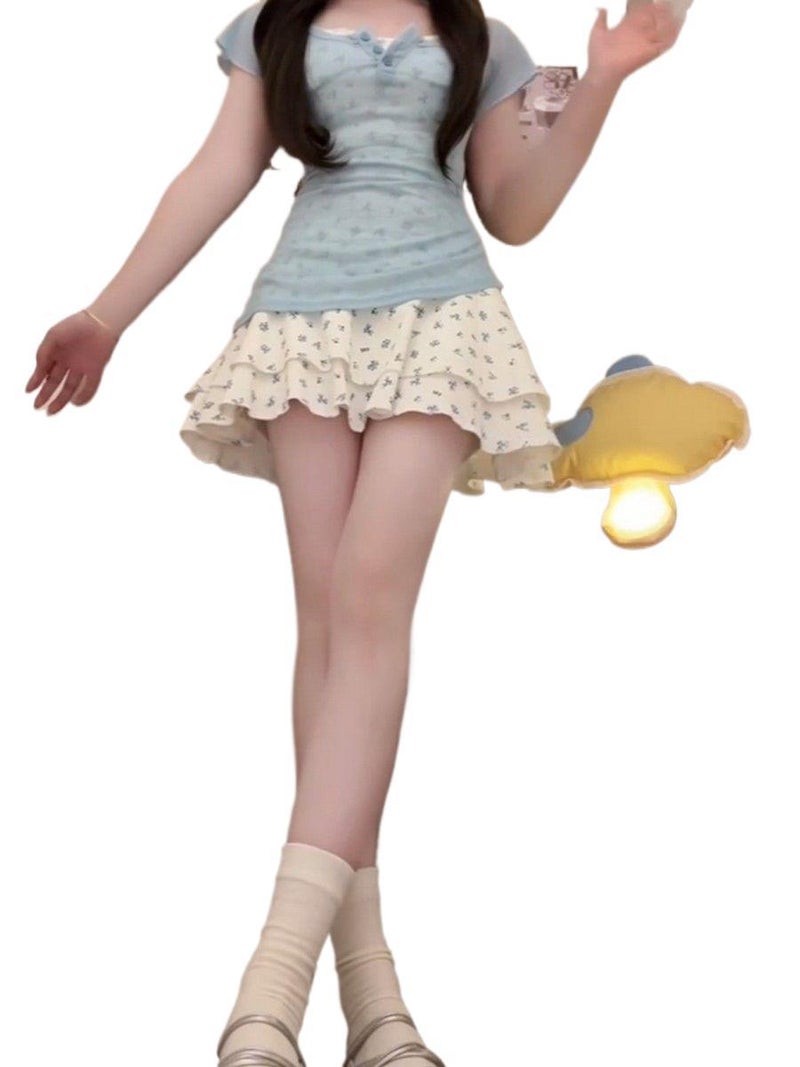 Women's Light Blue Square Neck Short Sleeve Top and Floral Print Suspender Skirt Two-Piece Set - Image 4