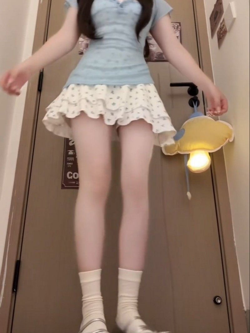 Women's Light Blue Square Neck Short Sleeve Top and Floral Print Suspender Skirt Two-Piece Set - Image 2