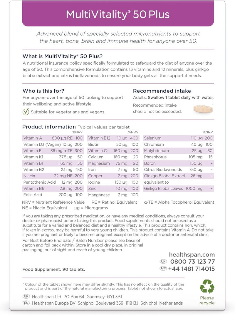 Healthspan Multivitamin 50 Plus Advance Multivitamin for over50s Immune Health Support 13 Vitamins 12 Minerals Ginkgo Biloba Citrus Bioflavonoids Vegetarian 180 Tablets - Image 2