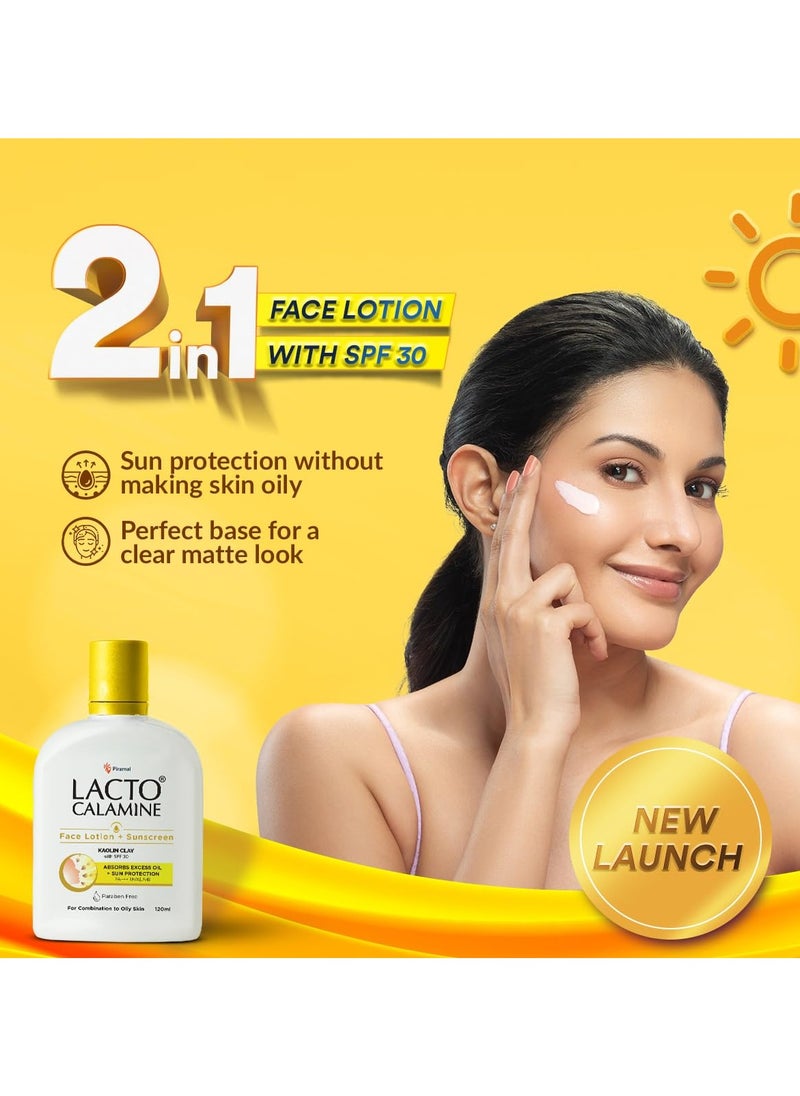 Lacto Calamine Sunscreen Lotion with SPF 30 120ml UVA + UVB PA+++ Kaolin Clay and Zinc Oxide Daily Face Moisturizer For Oily Skin Lightweight and Non-Greasy Face and Body Lotion