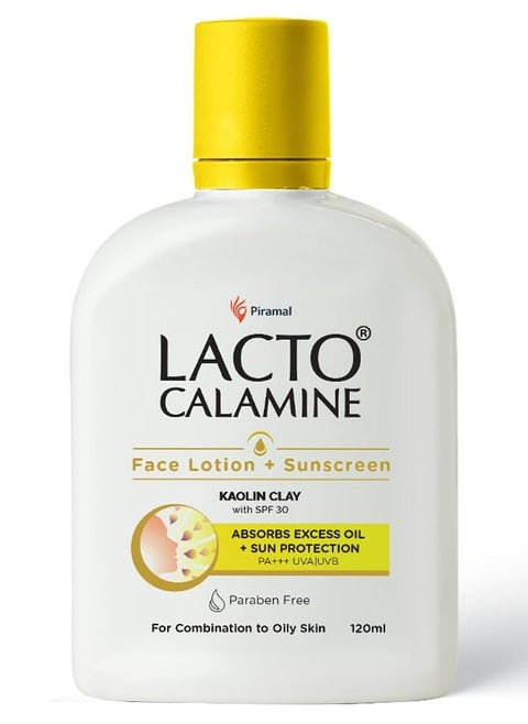 Lacto Calamine Sunscreen Lotion with SPF 30 120ml UVA + UVB PA+++ Kaolin Clay and Zinc Oxide Daily Face Moisturizer For Oily Skin Lightweight and Non-Greasy Face and Body Lotion
