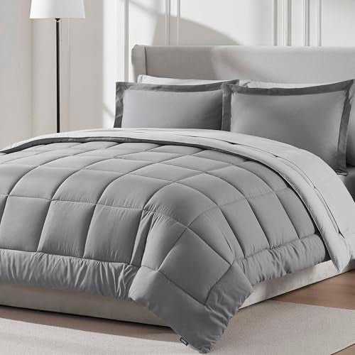 Nestl 7 Piece Queen Comforter Set – Grey Reversible Bed in a Bag – Complete Queen Size Bedding Set with Sheets, Pillowcases and Shams - Image 1